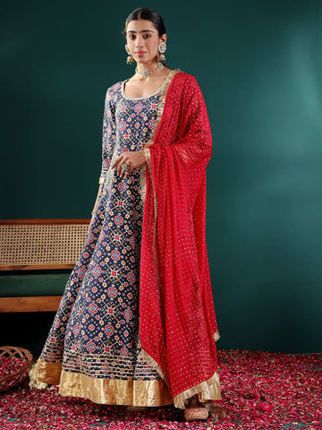 Varanga Women Navy Blue Patola Printed Anarkali Kurta Paired With Contrast Dupatta.